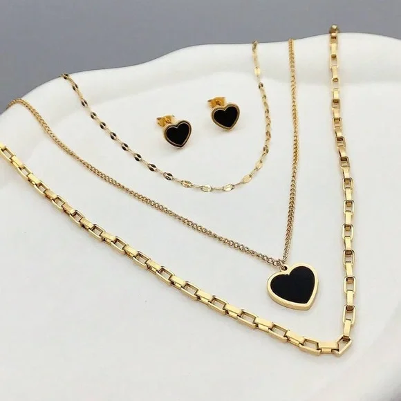 COPY - Gold and Black Layered Heart Necklace and Earrings